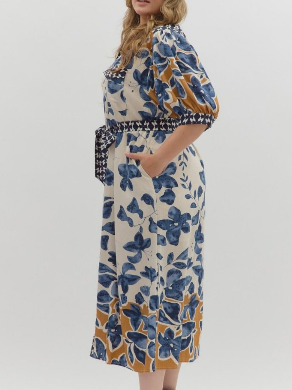 NWT Entro Slate Blue Botanical Midi Shirt Dress with Tie Waist (Plus Sizes) - Picture 4 of 7